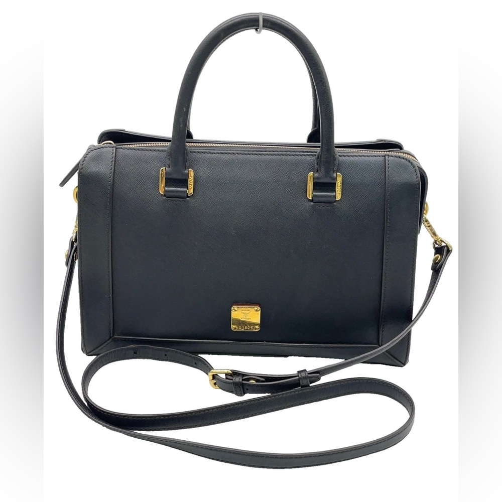 Authentic MCM Gold Hardware Leather Black 2Way Bag with crossbody strap